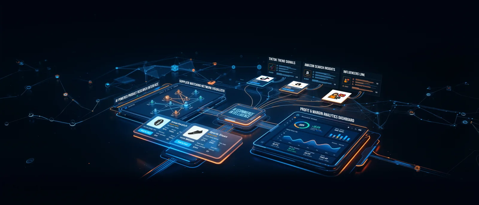 BlueRitt platform overview: product research, supplier matching, TikTok and Amazon trend signals, and a profit and margin analytics dashboard